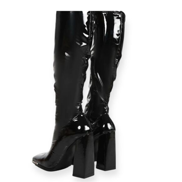 Public Desire Caryn Black Patent Wide High Block High Heel Boots Silver Tip Sz 6 - Picture 3 of 13